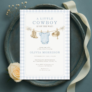 Kleine Cowboy-Wäscheleine Gingham-Baby-Party Einladung
