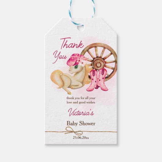 Kleine Cowgirl Babydusche danke Geschenkanhänger (Vorderseite)