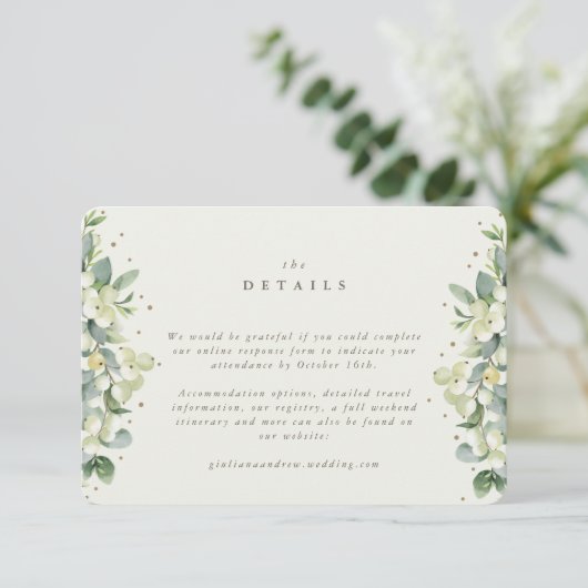 Kleine Creme Snowberry+Eukalyptus Hochzeitdetails Begleitkarte (Stehend Vorderseite)