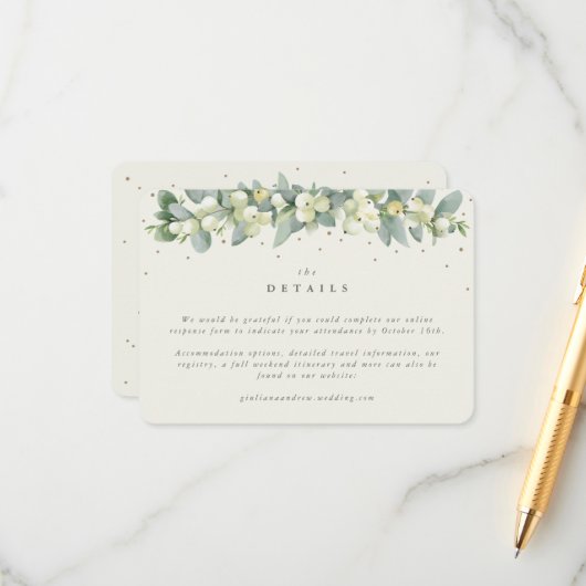 Kleine Creme Snowberry+Eukalyptus Hochzeitdetails Begleitkarte (Vorderseite/Rückseite Beispiel)