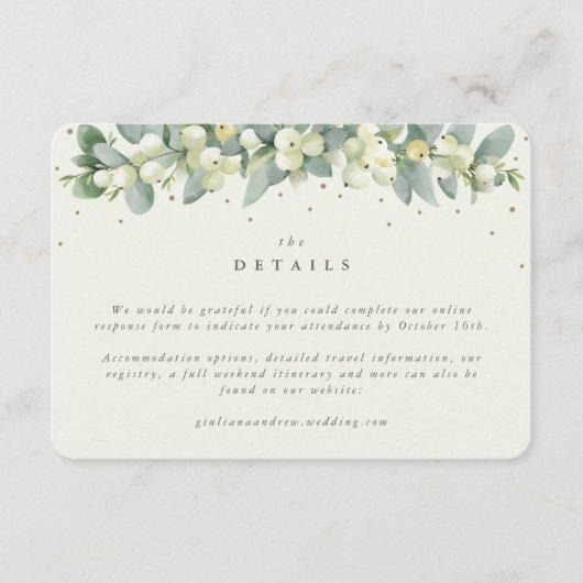Kleine Creme Snowberry+Eukalyptus Hochzeitdetails Begleitkarte (Vorderseite)