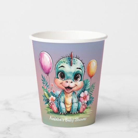 Kleine Dinosaurier Babydusche Papiertüten Pappbecher (Vorderseite)