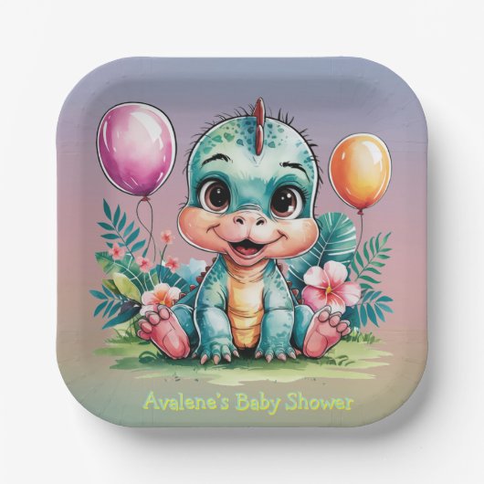 Kleine Dinosaurier Babydusche Pappteller (Vorderseite)