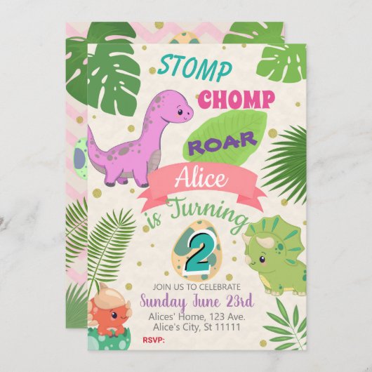 KLEINE DINOSAURS MÄDCHLICHE 2. GEBURTSTAGEINLADUNG EINLADUNG (Vorne/Hinten)