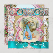 KLEINE DRUCKSTORK BABY SHOWER, BLUMENVERSTÄRKUNG EINLADUNG (Vorne/Hinten)