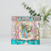 KLEINE DRUCKSTORK BABY SHOWER, BLUMENVERSTÄRKUNG EINLADUNG (Stehend Vorderseite)