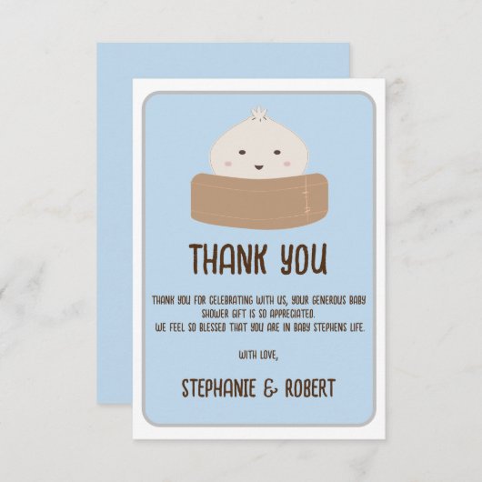 Kleine Dumpling auf dem Weg Blue Baby Dusche Dankeskarte (Vorne/Hinten)