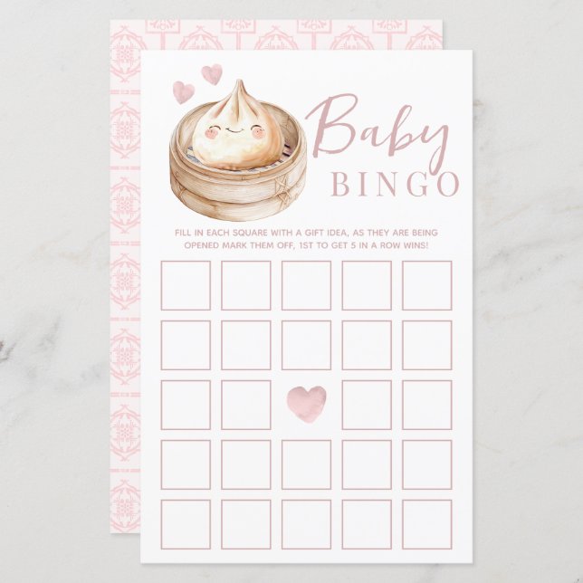 Kleine Dumpling Pink Baby Shower Bingo Game Card | (Vorne/Hinten)