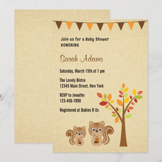 Kleine Eichhörnchen Kinderdusche Einladung Rustika (Vorne/Hinten)