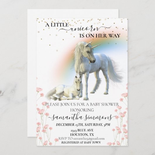 Kleine Einhorn auf ihrem Weg Rainbow Floral Einladung (Vorne/Hinten)