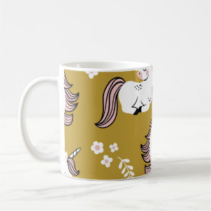 Kleine Einhörner, Blume, Vintages gelbes Muster. Kaffeetasse