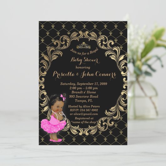 Kleine Einladung Prinzessin-Babyparty, schwarz (Stehend Vorderseite)