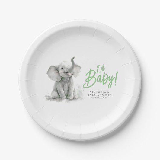 Kleine Elefant Niedlich Green Gray Baby Dusche Pappteller (Vorderseite)