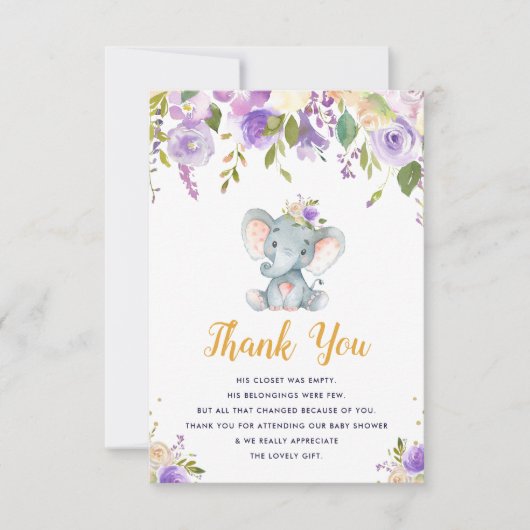 kleine Elefantendusche lila Babydusche Dankeschön Dankeskarte (Vorderseite)