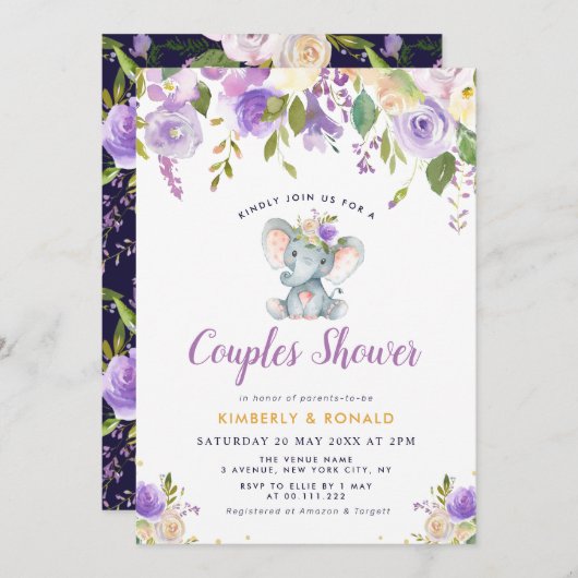 kleine Elefantendusche lila Blumenpaare Einladung (Vorne/Hinten)