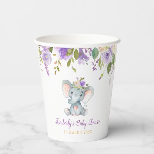 Kleine Elefantendusche mit lila Blütendusche Pappbecher (Rückseite)