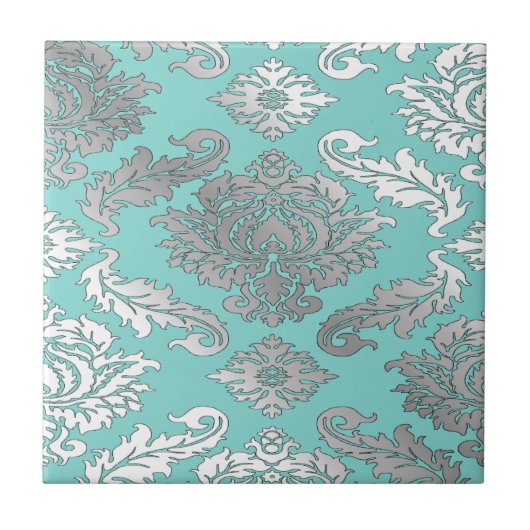 Kleine Elegante Chic Aquamarin Blue Damask Tile Fliese (Vorderseite)