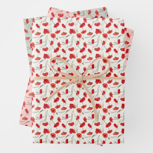 Kleine elegante Rote Mohnblume und grüne Wasserfar Geschenkpapier Set (Beispiel)