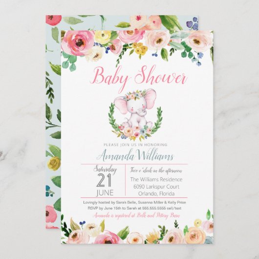 Kleine Elephant Spring Summer Blume Babydusche Einladung (Vorne/Hinten)