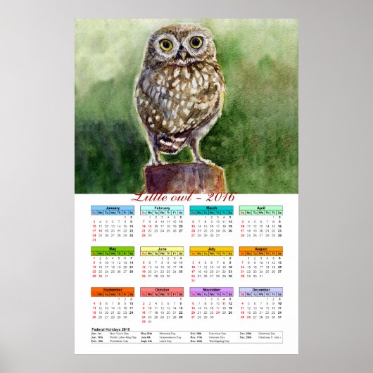 Kleine Eule Aquarell-Kalender 2016 Poster (Vorne)