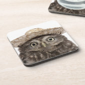 Kleine Eule, die einen Strohhut - Athene Noctua Getränkeuntersetzer (Linke Seite)