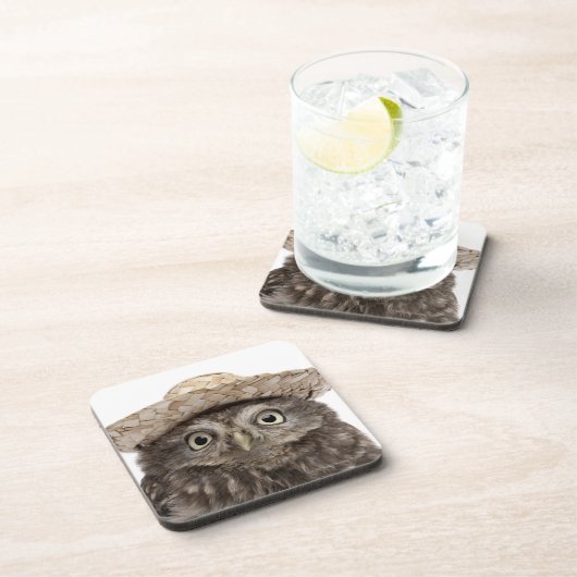 Kleine Eule, die einen Strohhut - Athene Noctua Getränkeuntersetzer (Rechte Seite)