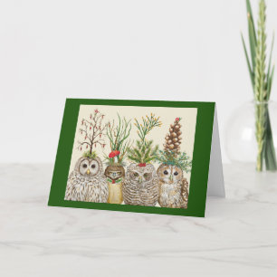 Kleine Eulen mit Weihnachtshüten Faltschachtel-Gru Karte