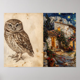 Kleine Eulen-Skizze und Cottage-Kunst Poster