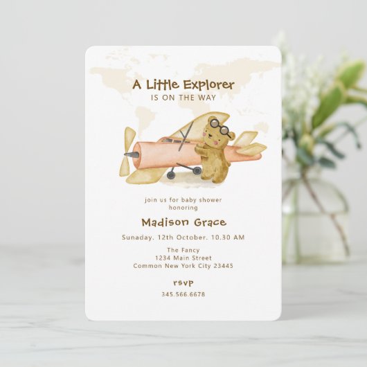 Kleine Explorer-Bärenmappe-Babydusche Einladung (Stehend Vorderseite)