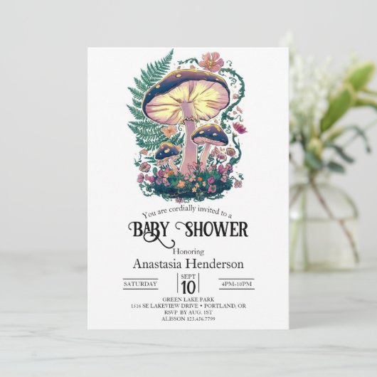 Kleine farbenfrohe Mushroom-Babydusche Einladung (Stehend Vorderseite)