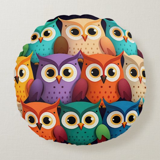 Kleine farbenfrohe Owls Rundes Kissen (Vorderseite)
