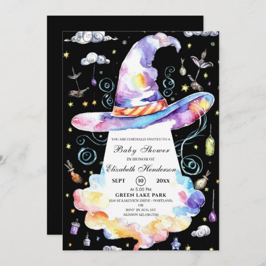 Kleine farbenfrohe Wizard Hat Baby Dusche Einladung (Vorne/Hinten)