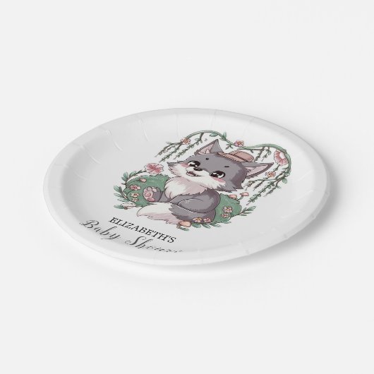 Kleine farbenfrohe Wolf Baby-Dusche Pappteller (Schrägansicht)