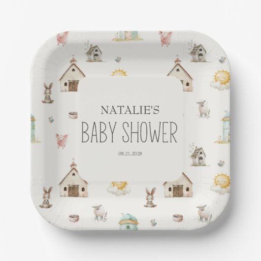 Kleine Farm Kinderzimmer Tiere Kinderdusche Pappteller (Vorderseite)