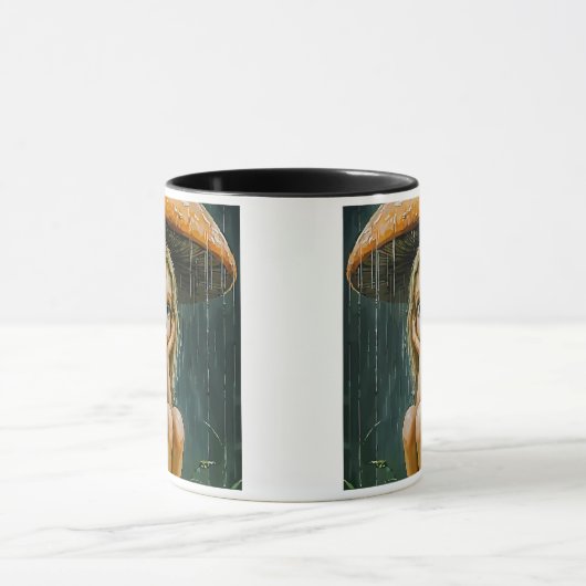 Kleine Fee im Regen, die von einem Pilz beherbergt Tasse (Zentrum)