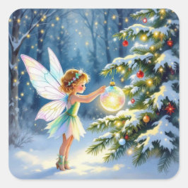Kleine Fee schmückt Weihnachtsbäume Quadratischer Aufkleber