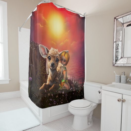 Kleine Fee und die niedliche Fawn. Duschvorhang (Beispiel)