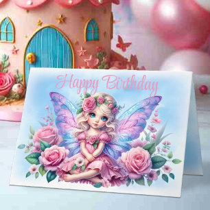 Kleine Feen-Elfe im rosa Kleid & Rosen Geburtstag Karte