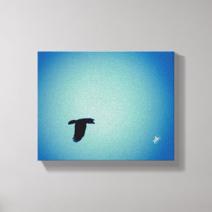 Kleine Fliegende Vogel Mint Blau Himmel Kunst Leinwanddruck
