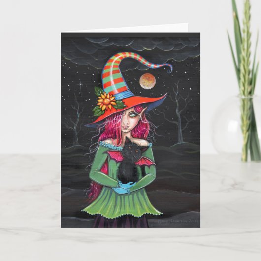 "Kleine Flügel-" Halloween-Hexe-Katzen-Karte Karte (Vorderseite)