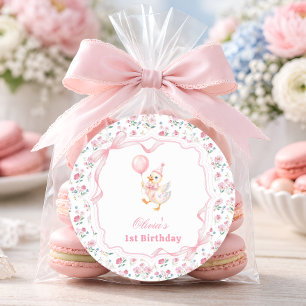 Kleine Gans Rosa Schleife Floral Geburtstag Dankes Runder Aufkleber