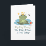 Kleine Geburtstags-Gruß-Karte Prinz-Frog 1. Karte<br><div class="desc">Angesagtes Hopfen Hooray! Der kleine Prinz Turns eins heute! Ein niedlicher grüner Frosch trägt eine Krone und bewegt einen Scepter von seiner Lilienauflage mit einer Libelle wellenartig, die über ihm einkreist und einen Toadstool, der nahe bei ihm sitzt. Diese Einzelteile machen niedliche erste Geburtstagsjungen-T - Shirt-, -kleider- und -froschthemageschenke für...</div>