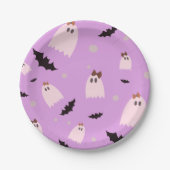 Kleine Geister mit Bögen lila Halloween Pappteller (Vorderseite)