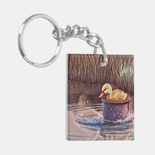 Kleine gelbe Entenpiele in Eimer Schlüsselanhänger (Vorderseite links)