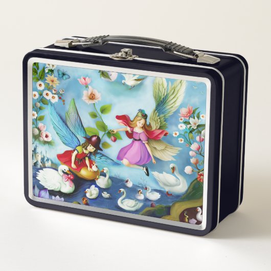 Kleine Girl Fairies Fütternd Schwäne Metall Brotdose (Vorderseite)