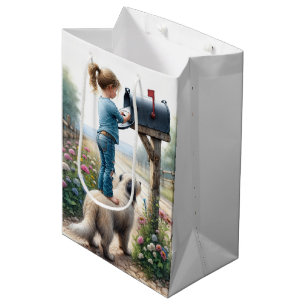 Kleine Girl Mailing an Umschlag Mittlere Geschenktüte