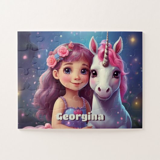 Kleine Girl mit Unicorn Personalisiert Puzzle (Horizontal)