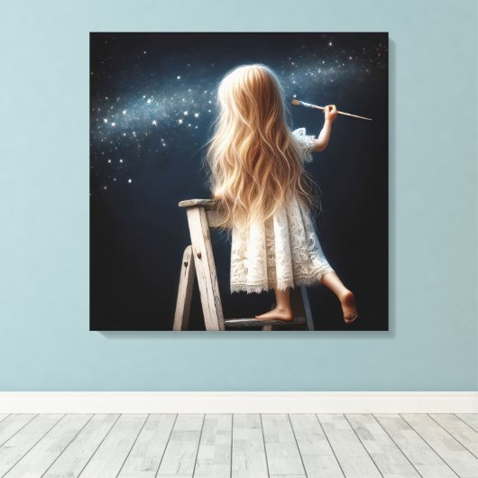 Kleine Girl Painting Stars im nächtlichen Himmel Leinwanddruck (Insitu (Holzboden))