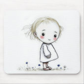 Kleine Girl Sketch mit Wildblumen Mousepad (Vorne)
