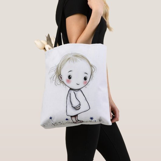 Kleine Girl Sketch mit Wildblumen Tasche (Von Nahem)
